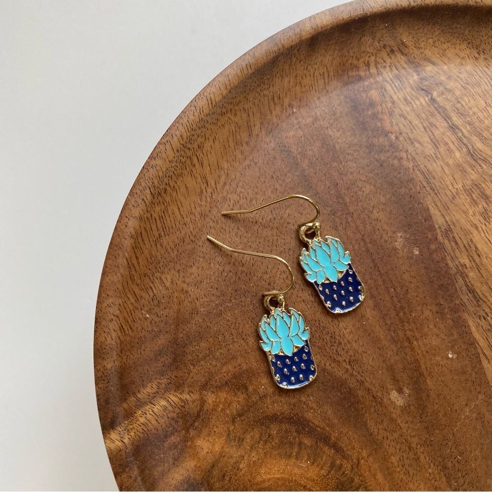 4/$15 Blue Teal Enamel Lotus Drop Earrings